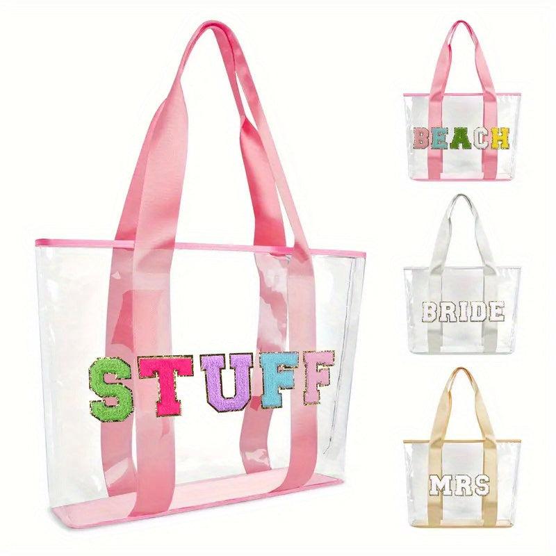Chenille Letter Patched Tote Bag Large Capacity Shoulder Handbag