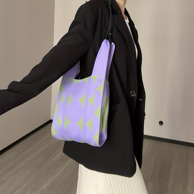 Y2K Colorblock Knitted Tote Bag Stylish Woven Hobo Shoulder Bag
