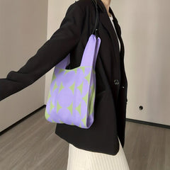 Y2K Colorblock Knitted Tote Bag Stylish Woven Hobo Shoulder Bag