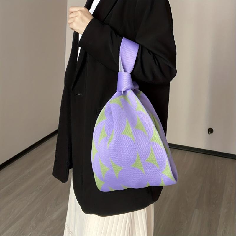 Y2K Colorblock Knitted Tote Bag Stylish Woven Hobo Shoulder Bag