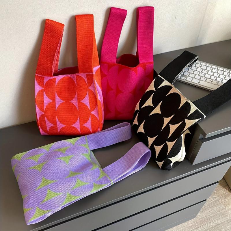 Y2K Colorblock Knitted Tote Bag Stylish Woven Hobo Shoulder Bag