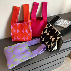 Y2K Colorblock Knitted Tote Bag Stylish Woven Hobo Shoulder Bag