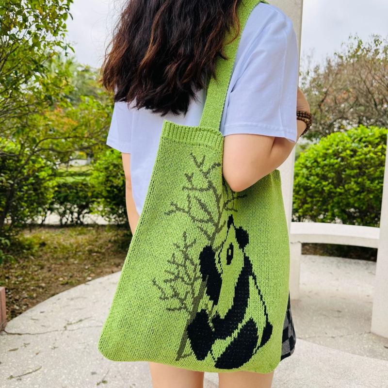 Panda Pattern Large Capacity Woven Tote Bag Lightweight Shoulder Bag