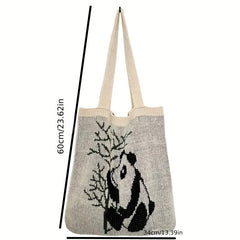 Panda Pattern Large Capacity Woven Tote Bag Lightweight Shoulder Bag