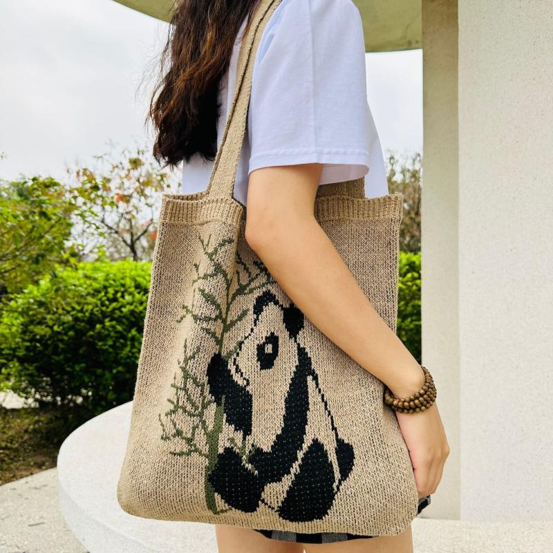 Panda Pattern Large Capacity Woven Tote Bag Lightweight Shoulder Bag
