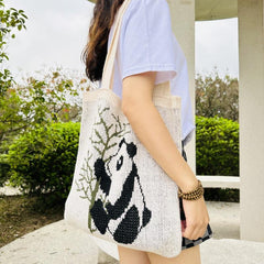 Panda Pattern Large Capacity Woven Tote Bag Lightweight Shoulder Bag