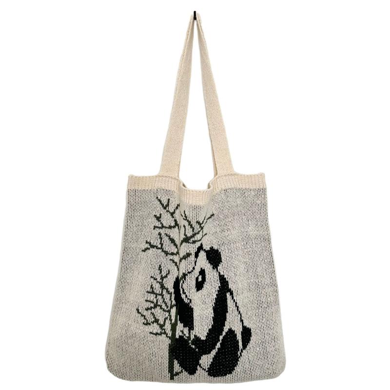Panda Pattern Large Capacity Woven Tote Bag Lightweight Shoulder Bag