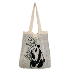 Panda Pattern Large Capacity Woven Tote Bag Lightweight Shoulder Bag
