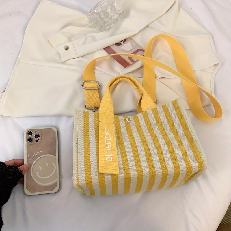 Striped Canvas Top Handle Satchel Tote Bag Lightweight Shoulder Bag