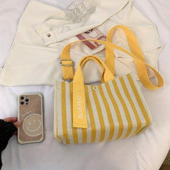 Striped Canvas Top Handle Satchel Tote Bag Lightweight Shoulder Bag