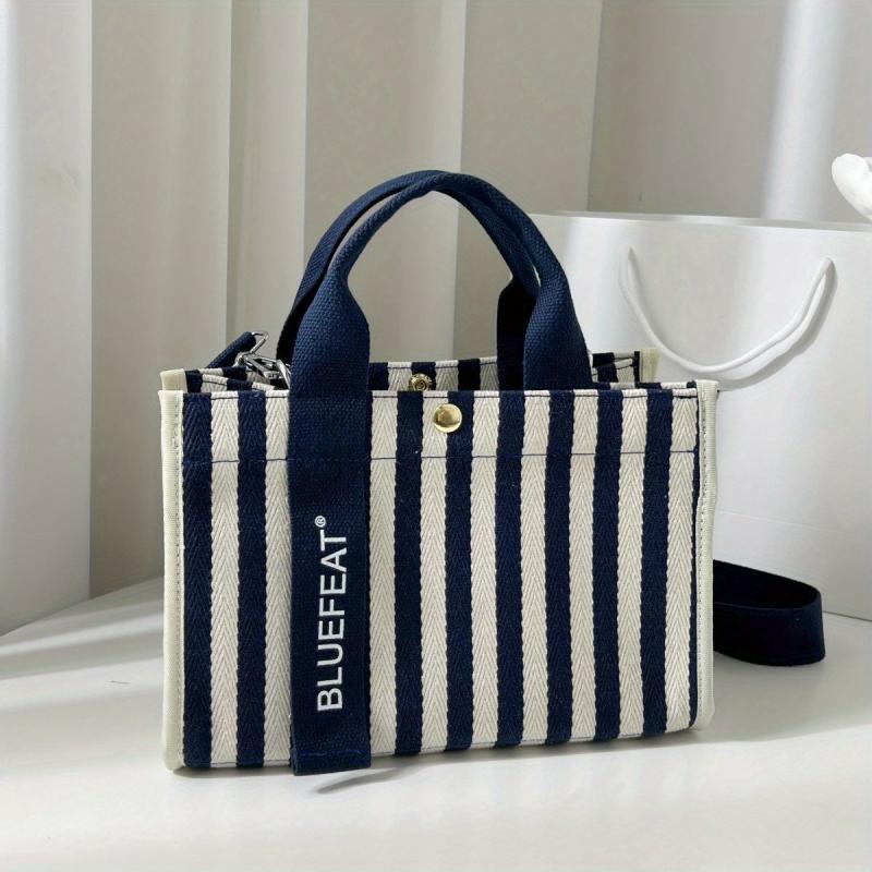 Striped Canvas Top Handle Satchel Tote Bag Lightweight Shoulder Bag