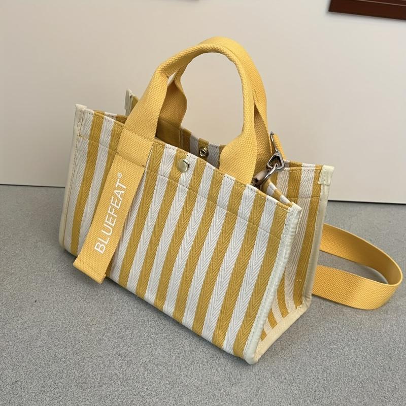 Striped Canvas Top Handle Satchel Tote Bag Lightweight Shoulder Bag