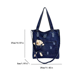 Denim Canvas Tote Bag With Plush Bear Doll