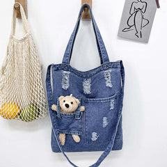 Denim Canvas Tote Bag With Plush Bear Doll