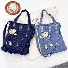 Denim Canvas Tote Bag With Plush Bear Doll