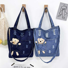 Denim Canvas Tote Bag With Plush Bear Doll