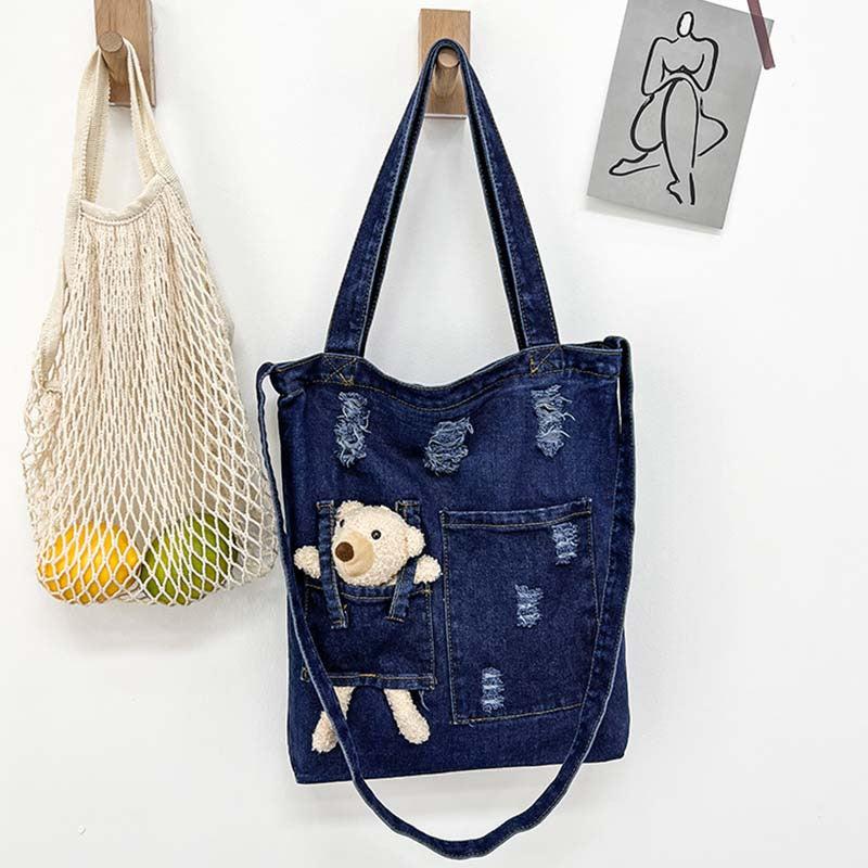 Denim Canvas Tote Bag With Plush Bear Doll