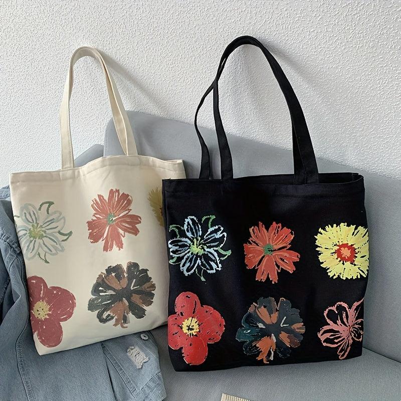 Six Flower Canvas Tote Bag Durable Lightweight Large Capacity Shoulder Bag