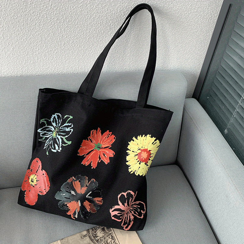 Six Flower Canvas Tote Bag Durable Lightweight Large Capacity Shoulder Bag