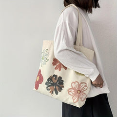 Six Flower Canvas Tote Bag Durable Lightweight Large Capacity Shoulder Bag