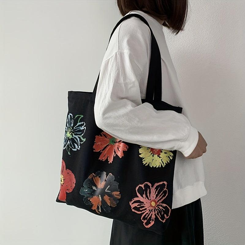 Six Flower Canvas Tote Bag Durable Lightweight Large Capacity Shoulder Bag