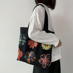 Six Flower Canvas Tote Bag Durable Lightweight Large Capacity Shoulder Bag