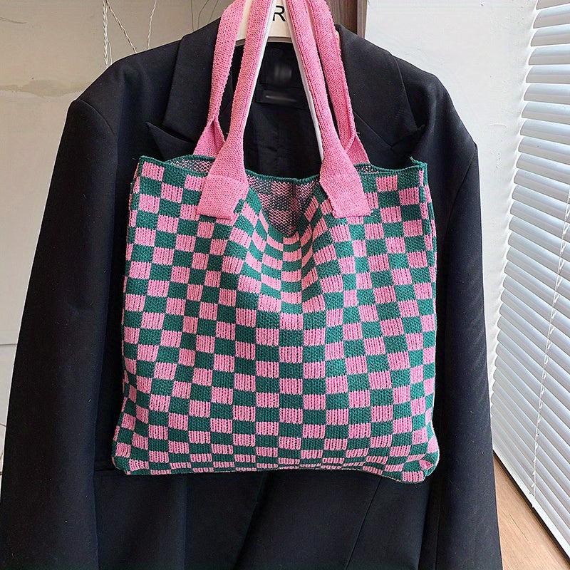 Plaid Pattern Crochet Bag Knitted Shoulder Bag