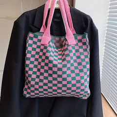 Plaid Pattern Crochet Bag Knitted Shoulder Bag