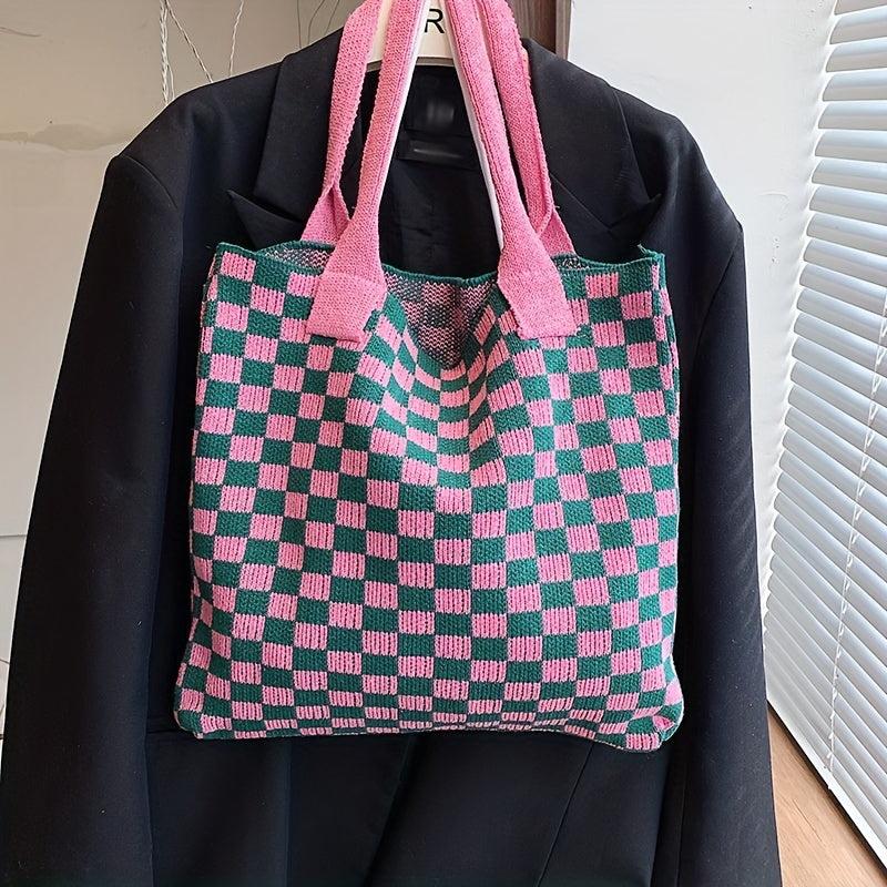 Plaid Pattern Crochet Bag Knitted Shoulder Bag