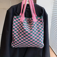 Plaid Pattern Crochet Bag Knitted Shoulder Bag