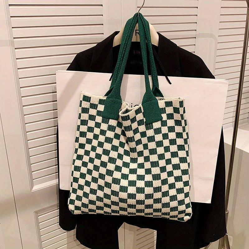 Plaid Pattern Crochet Bag Knitted Shoulder Bag
