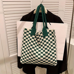 Plaid Pattern Crochet Bag Knitted Shoulder Bag