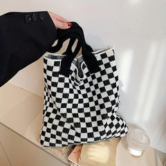 Plaid Pattern Crochet Bag Knitted Shoulder Bag