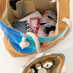 Cartoon Beach Pattern Tote Bag Stitching Shoulder Bag All Match Storage Handbag