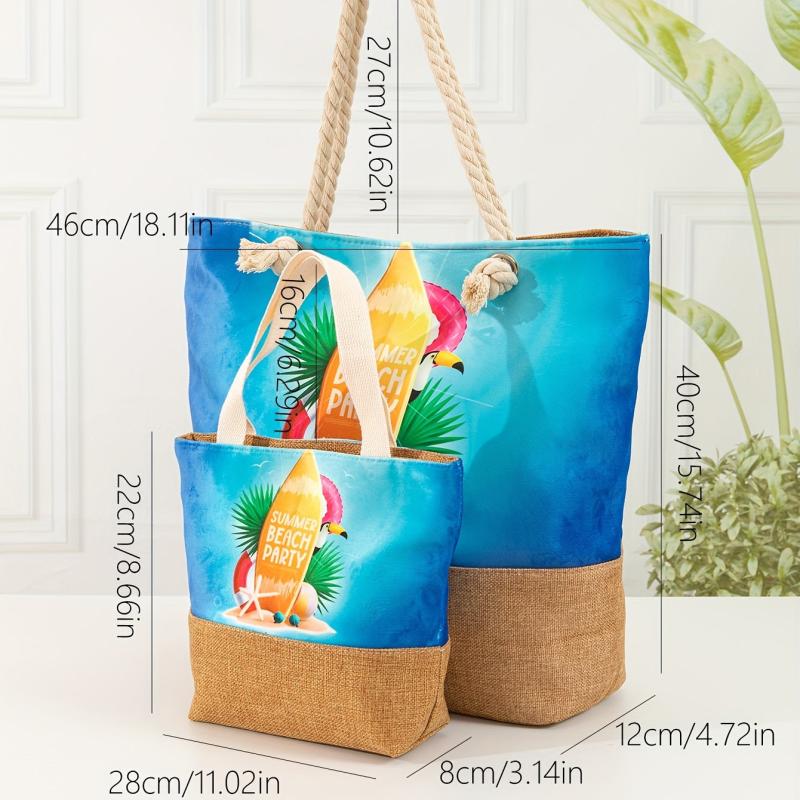 Cartoon Beach Pattern Tote Bag Stitching Shoulder Bag All Match Storage Handbag