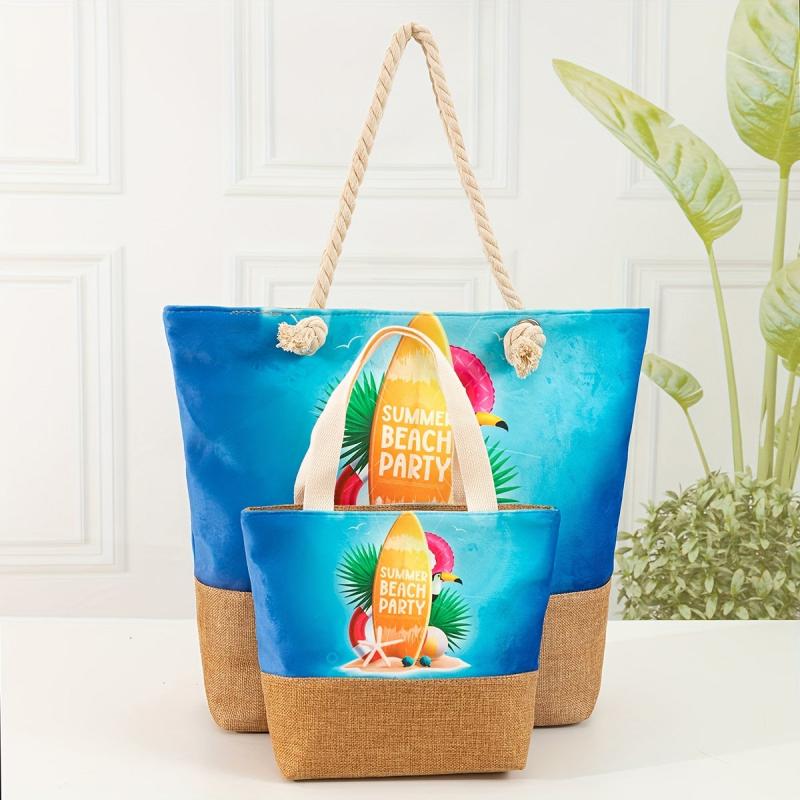 Cartoon Beach Pattern Tote Bag Stitching Shoulder Bag All Match Storage Handbag