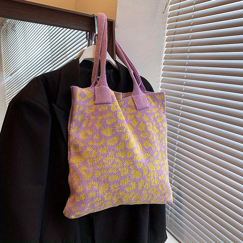 Leopard Graphic Crochet Bag Colorblock Shoulder Bag Knitted Tote Bag