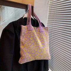 Leopard Graphic Crochet Bag Colorblock Shoulder Bag Knitted Tote Bag