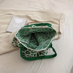 Leopard Graphic Crochet Bag Colorblock Shoulder Bag Knitted Tote Bag