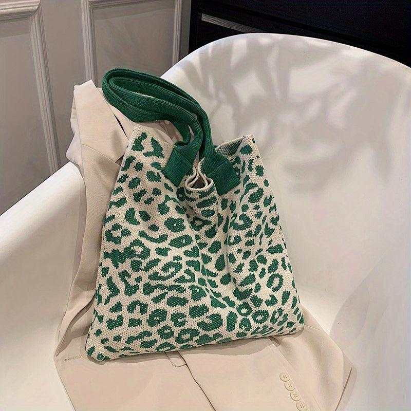 Leopard Graphic Crochet Bag Colorblock Shoulder Bag Knitted Tote Bag
