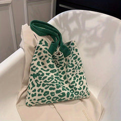 Leopard Graphic Crochet Bag Colorblock Shoulder Bag Knitted Tote Bag