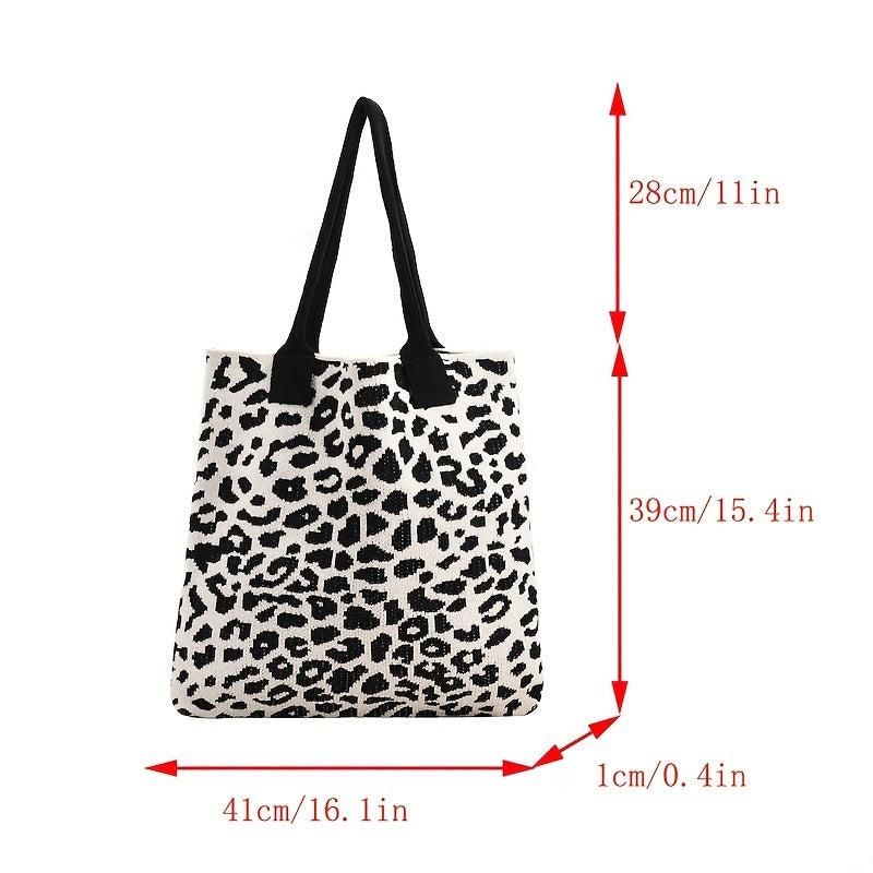 Leopard Graphic Crochet Bag Colorblock Shoulder Bag Knitted Tote Bag