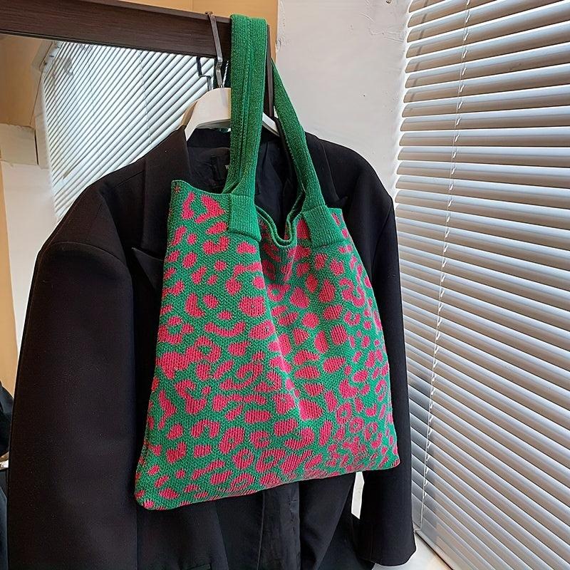 Leopard Graphic Crochet Bag Colorblock Shoulder Bag Knitted Tote Bag