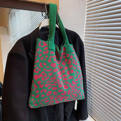 Leopard Graphic Crochet Bag Colorblock Shoulder Bag Knitted Tote Bag
