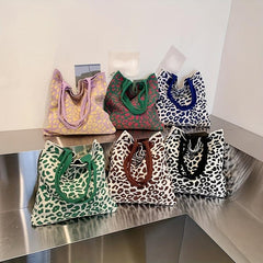 Leopard Graphic Crochet Bag Colorblock Shoulder Bag Knitted Tote Bag