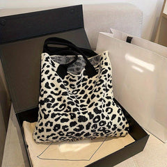 Leopard Graphic Crochet Bag Colorblock Shoulder Bag Knitted Tote Bag