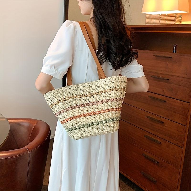 Colorful Stripes Straw Bag Large Capacity Tote Beach Bag