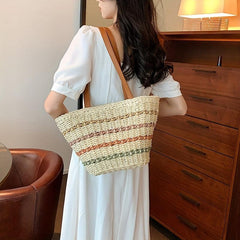 Colorful Stripes Straw Bag Large Capacity Tote Beach Bag
