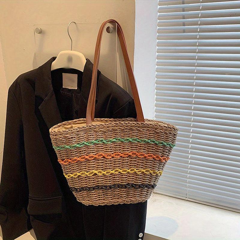 Colorful Stripes Straw Bag Large Capacity Tote Beach Bag