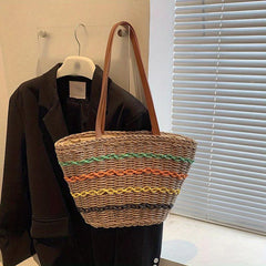 Colorful Stripes Straw Bag Large Capacity Tote Beach Bag